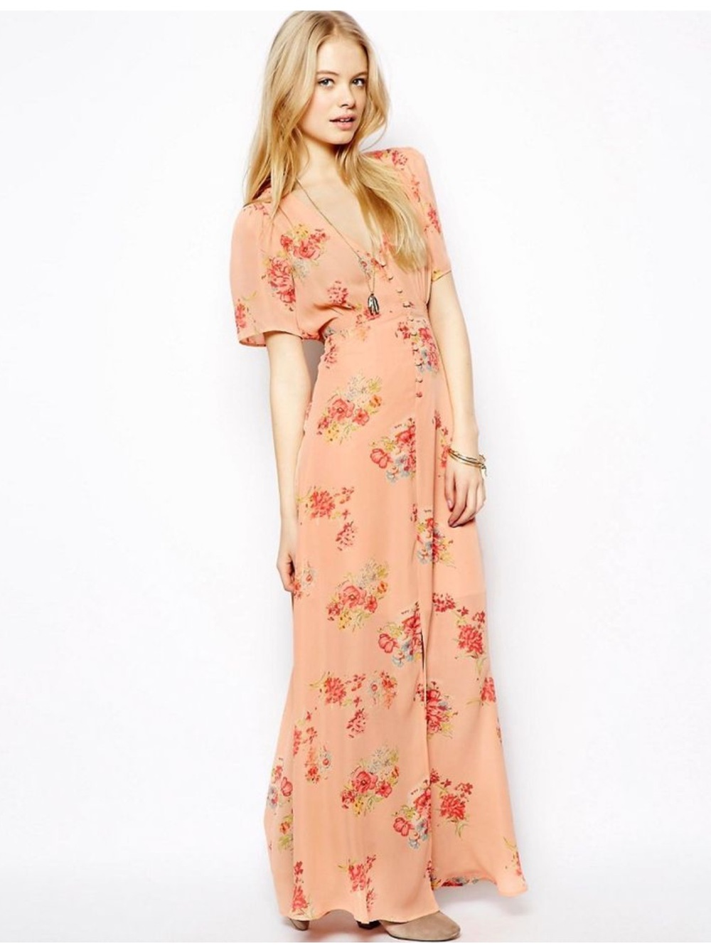 ASOS Boho Chic Peach Floral Maxi Dress V-Neck Flowy Summer Dress